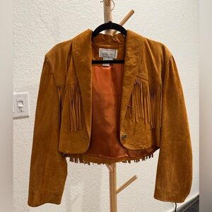 Vintage Erez Levy brown cropped leather fringe coat